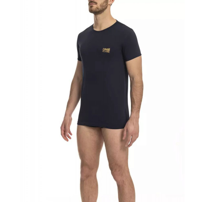 Elegante maglietta blu girocollo con logo - L