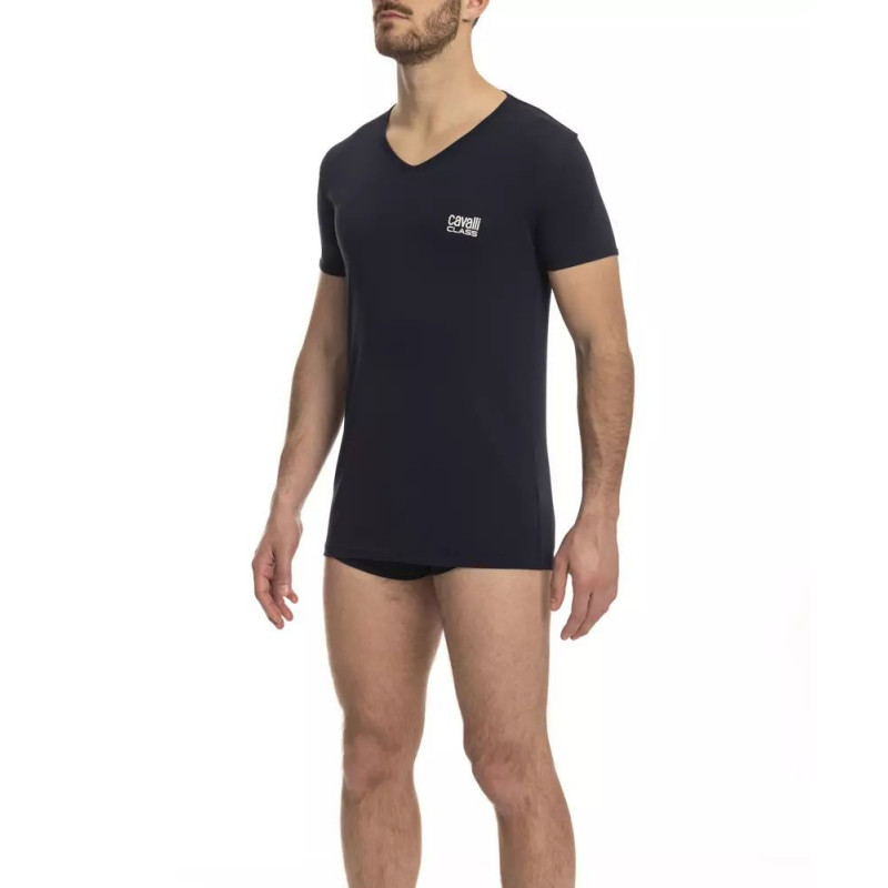 Elegante maglietta blu con scollo a V e dettaglio logo - L