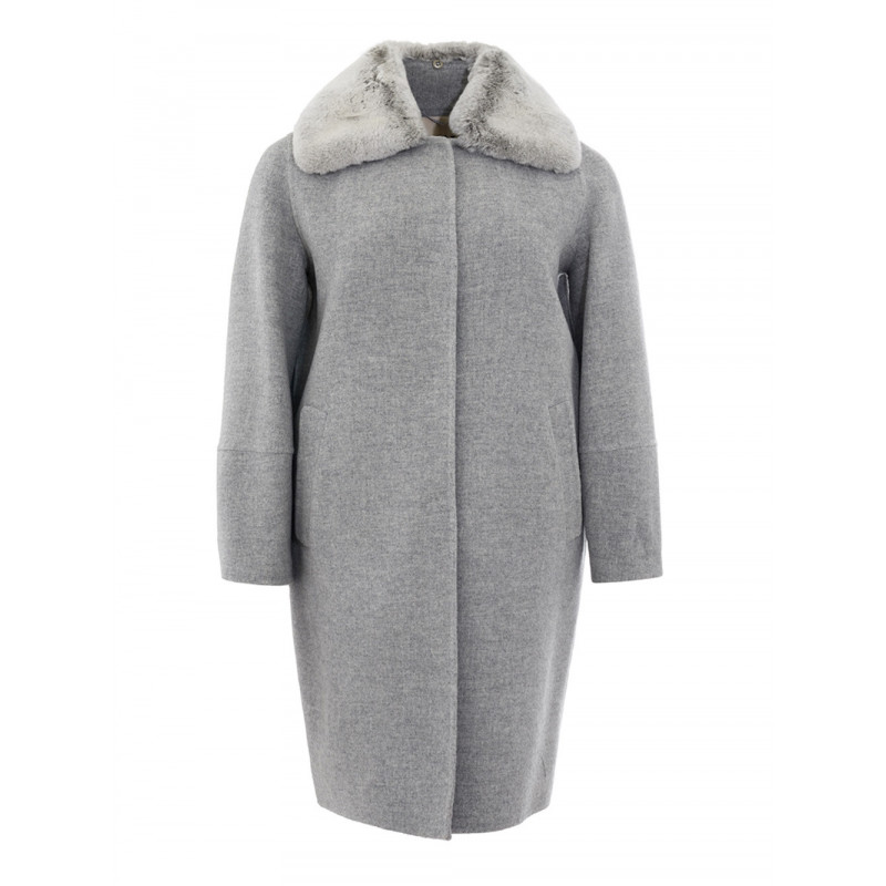 Cappotto in lana grigia con collo in pelliccia - IT42