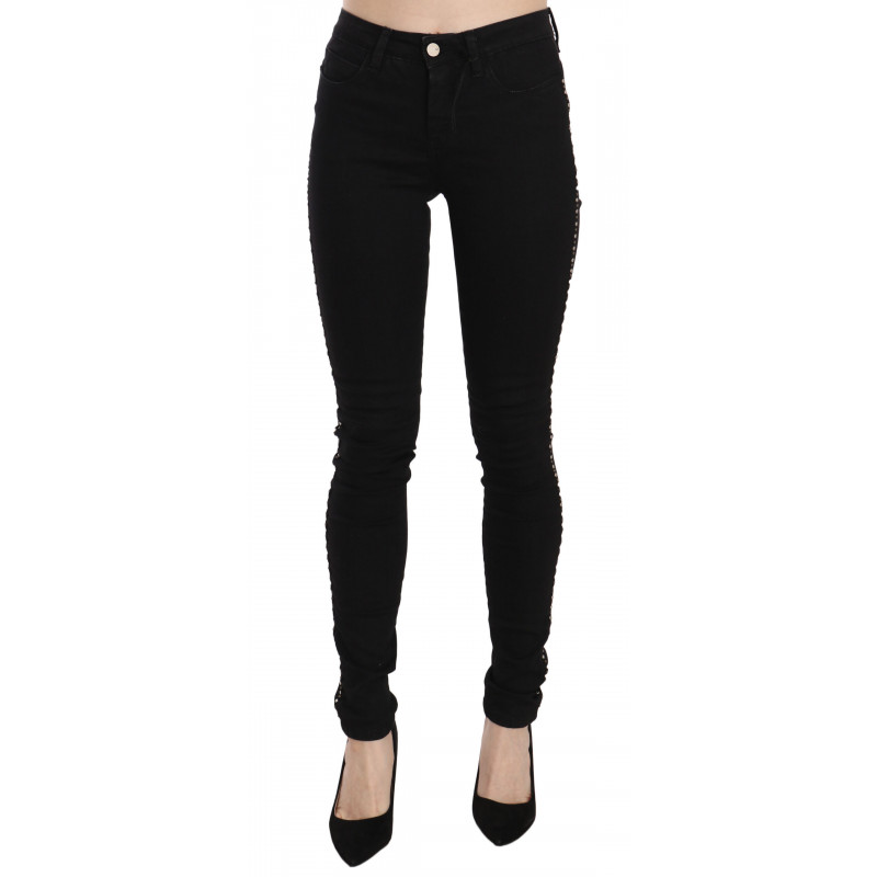 Jeans skinny in denim a vita media decorati neri - W26