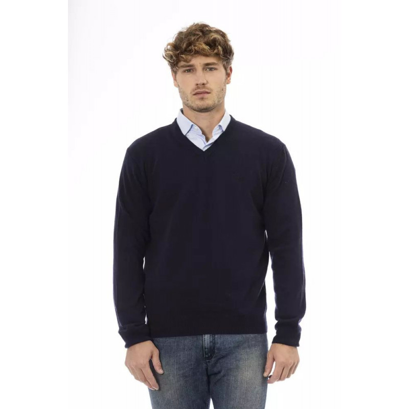 Elegante maglione in lana con scollo a V in blu elegante - L