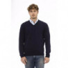 Elegante maglione in lana con scollo a V in blu elegante - L