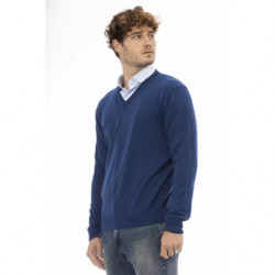 Elegante maglione in lana con scollo a V in blu - M