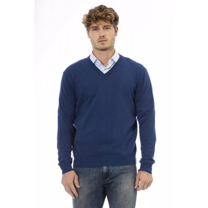 Elegante maglione in lana con scollo a V in blu - L