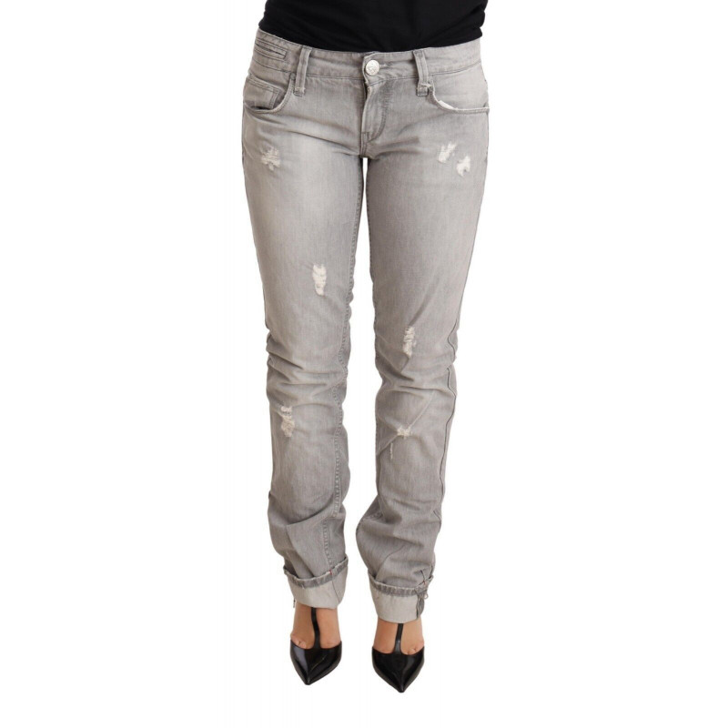 Jeans denim da donna cotone strappato slim fit orlo piegato grigio