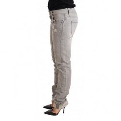 Jeans denim da donna cotone strappato slim fit orlo piegato grigio