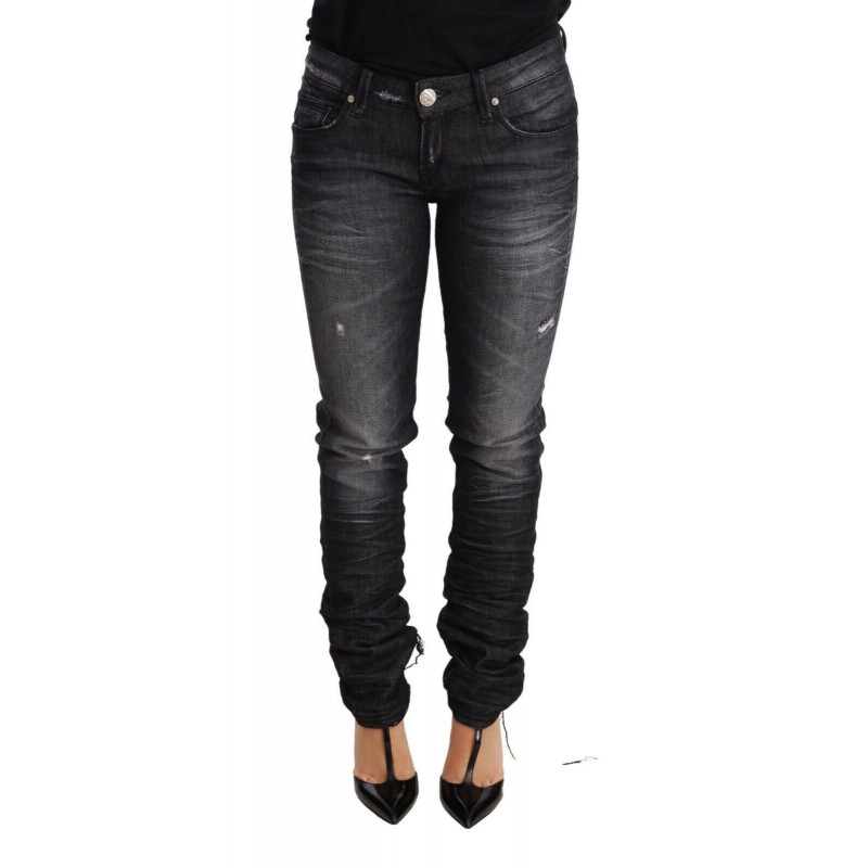 Jeans skinny in denim a vita bassa in cotone lavato nero - W26