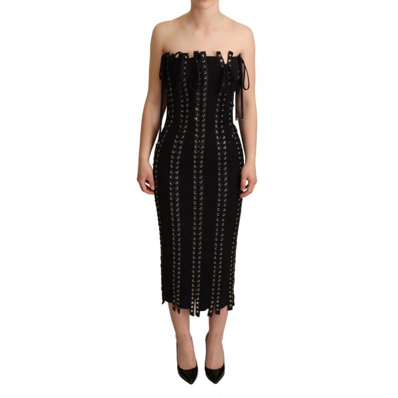 Abito aderente con lacci senza maniche in cady nero - IT38-XS