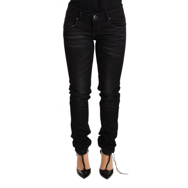 Jeans pantaloni vita bassa denim slim fit cotone lavato nero - W29