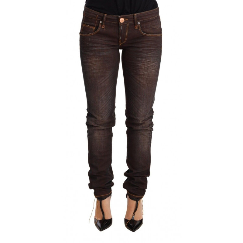 Jeans pantaloni vita bassa denim slim fit cotone lavato marrone - W26