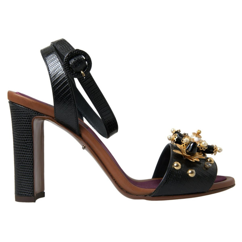 Scarpe sandali perle floreali rilievo lucertola nera - EU38/US7.5