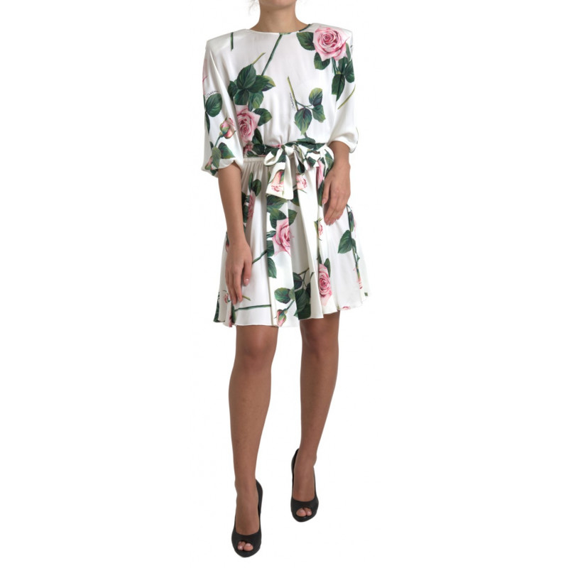 Abito a trapezio in seta stretch con stampa rose bianche - IT44 - L