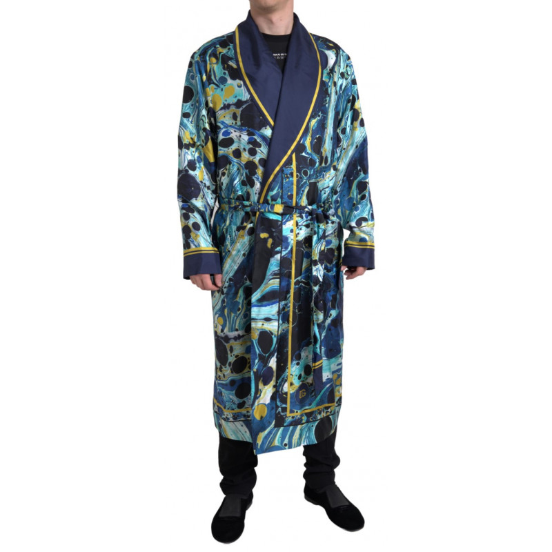 Indumenti da notte con cintura in seta blu marmorizzata - IT50 - L