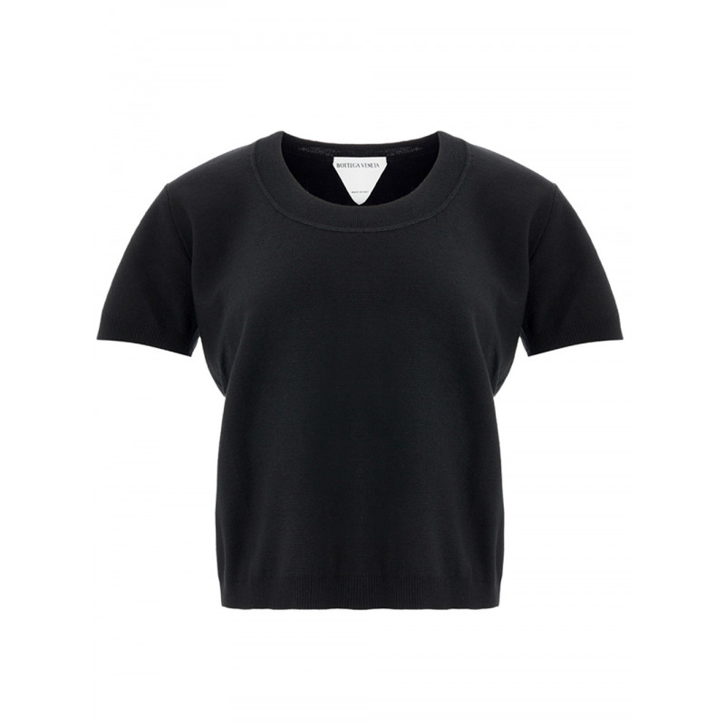 Top nero a maniche corte in misto cashmere - L