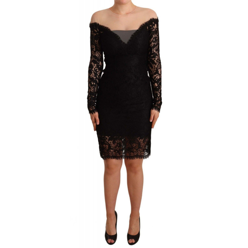 Abito al ginocchio a maniche lunghe in pizzo nero - IT40-S