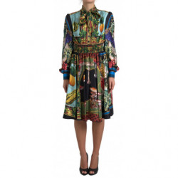 Abito con colletto Ascot a trapezio in seta multicolor - IT46-XL