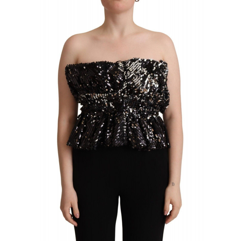 Top camicetta da cocktail senza spalline poliestere nero paillettes