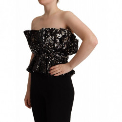 Top camicetta da cocktail senza spalline poliestere nero paillettes