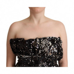 Top camicetta da cocktail senza spalline poliestere nero paillettes