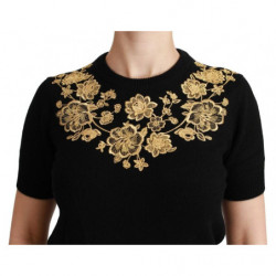 Top maglione floreale dorato in cashmere nero - IT44-L