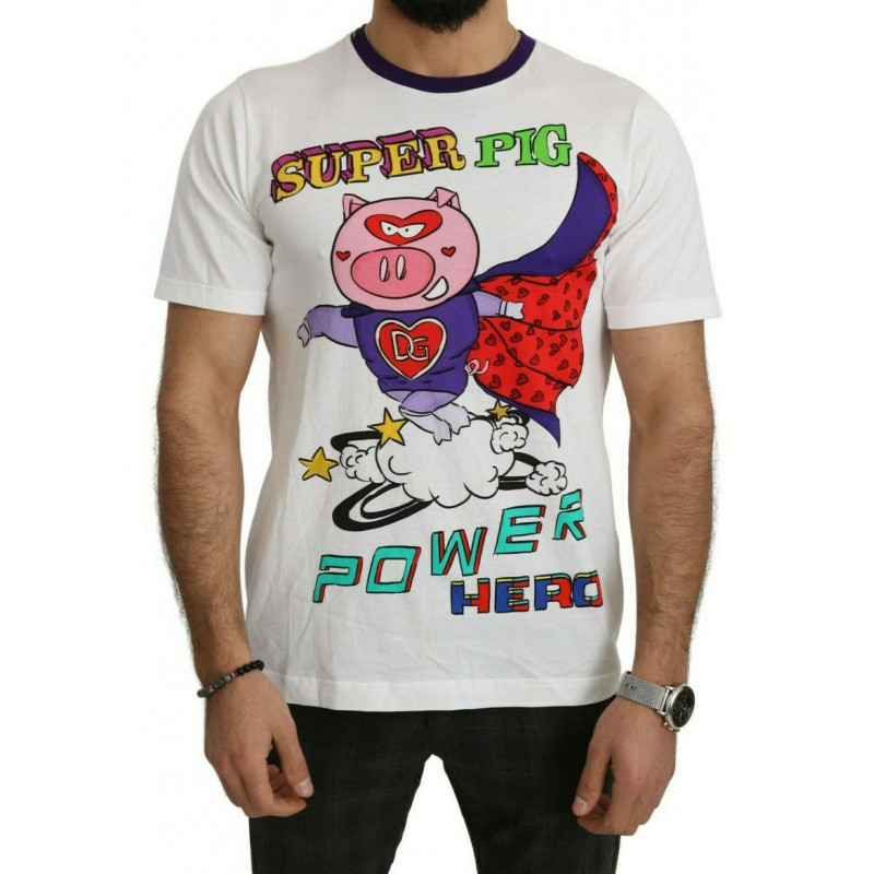 T-shirt Super Power Pig in cotone bianco - IT56 - XXL