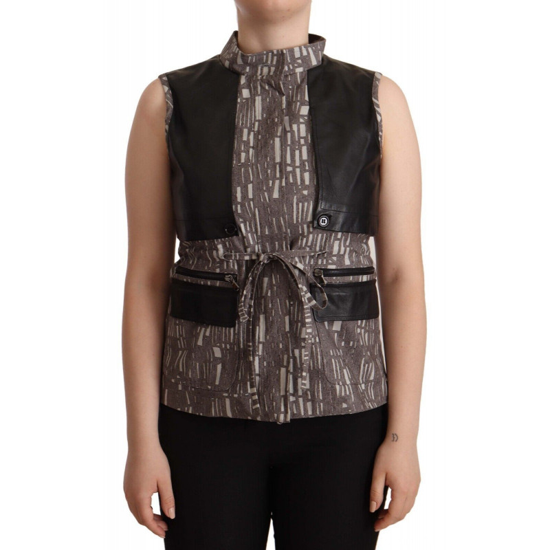 Camicetta senza maniche in pelle con gilet nero marrone - IT40-S