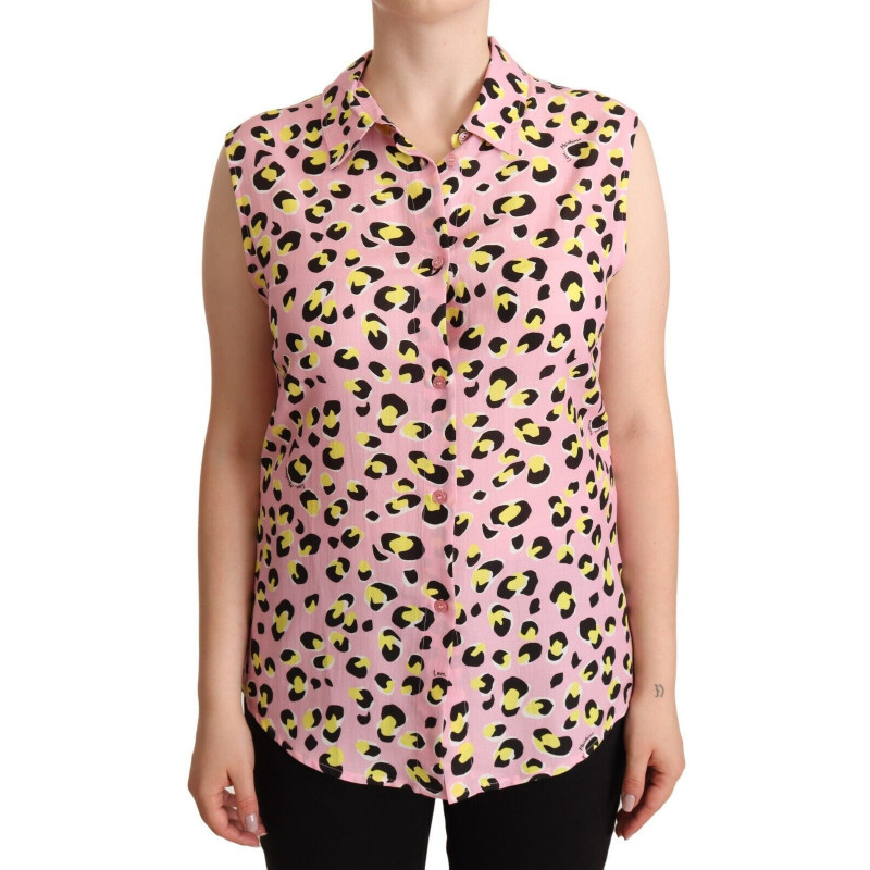 Polo senza maniche con colletto e stampa leopardata rosa - IT46-XL