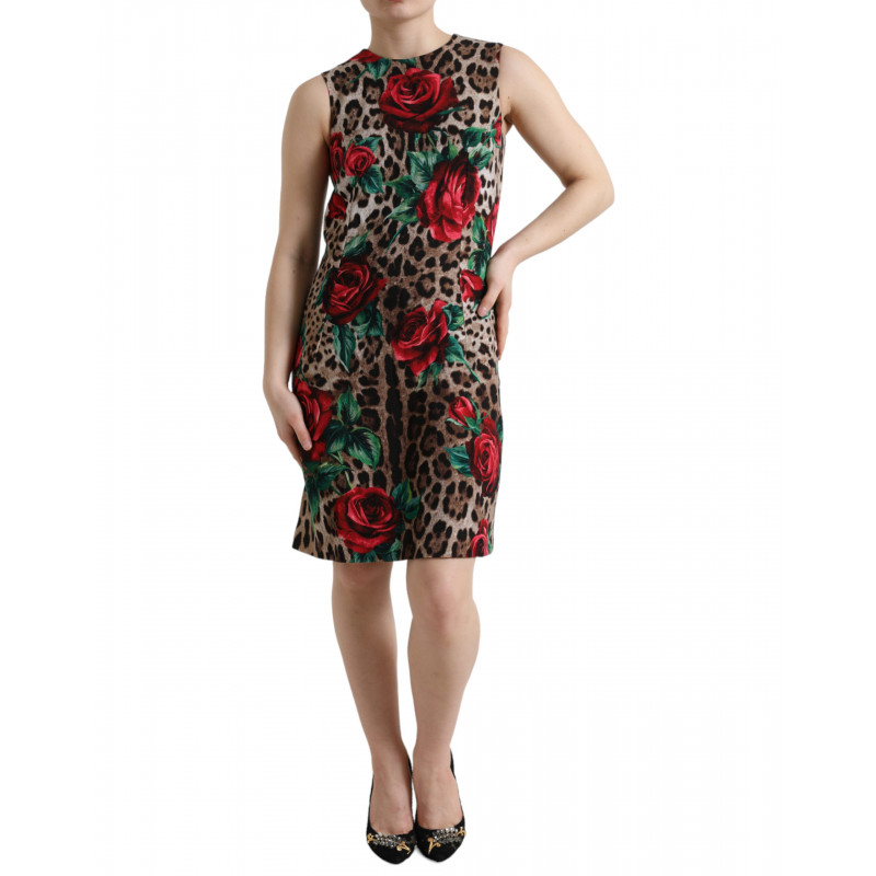 Abito a trapezio in lana con rose rosse leopardate marroni - IT36 - XS