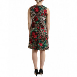 Abito a trapezio in lana con rose rosse leopardate marroni - IT36 - XS