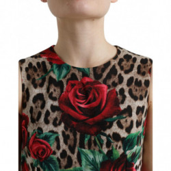 Abito a trapezio in lana con rose rosse leopardate marroni - IT36 - XS