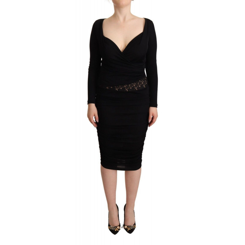 Abito midi nero a maniche lunghe con scollo a cuore - IT40-S