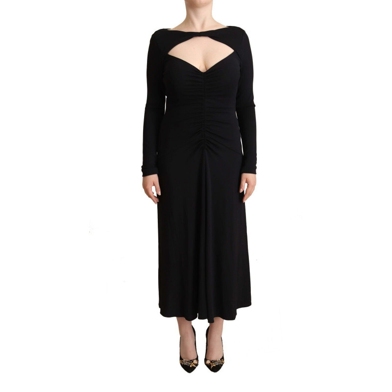 Abito maxi scollo V profondo maniche lunghe nylon nero elasticizzat