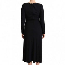 Abito maxi scollo V profondo maniche lunghe nylon nero elasticizzat
