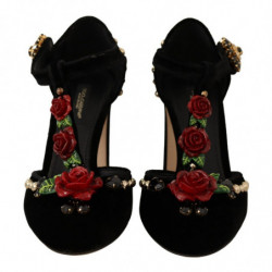 Scarpe Mary Jane nere con décolleté con cristalli e rose - EU35.5/US5
