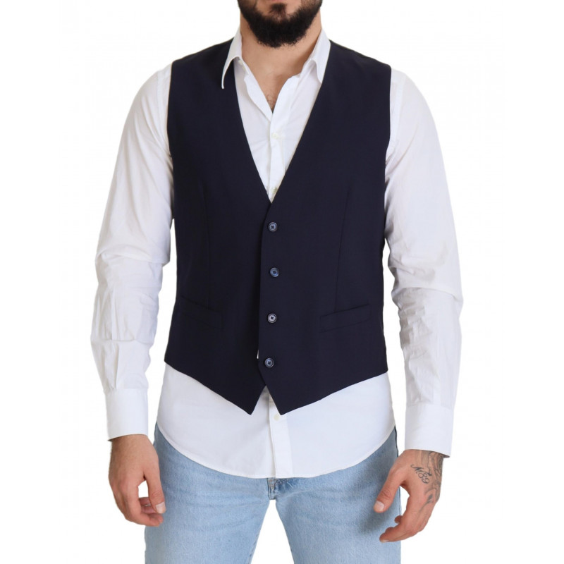 Gilet formale con gilet elasticizzato in lana blu scuro - IT50 - L