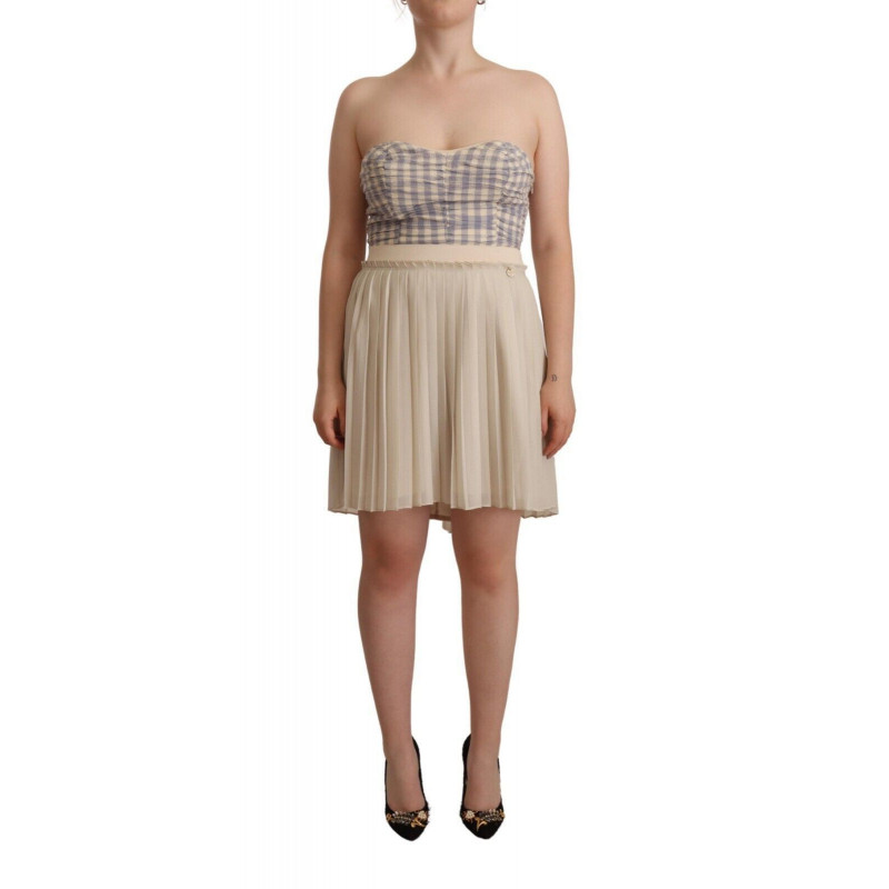 Abito bustier senza spalline a pieghe a quadretti beige - IT40-S