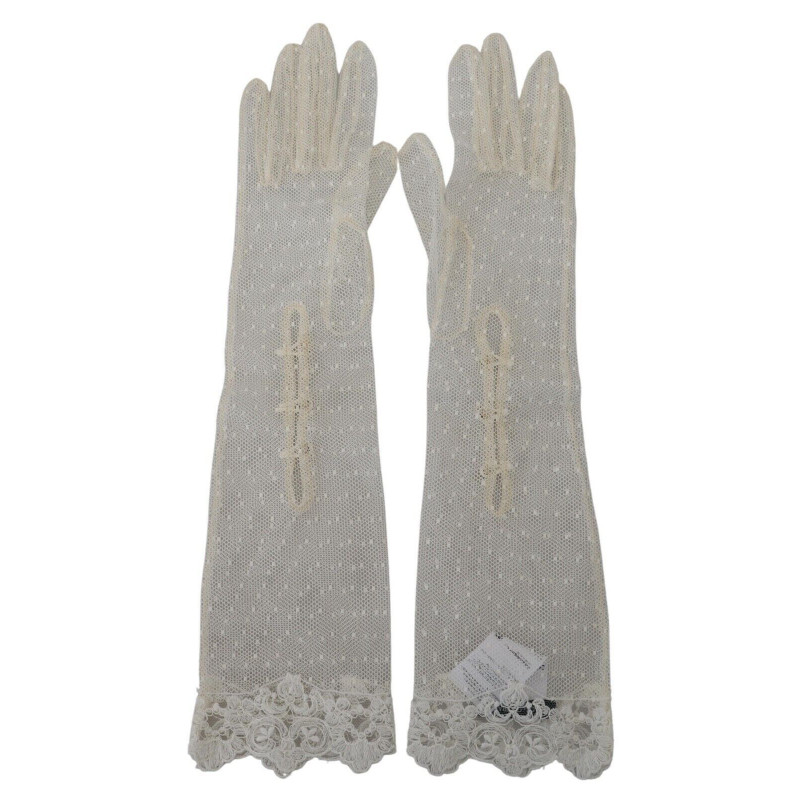 Guanti in cotone con guanto al gomito in pizzo bianco - 8-M