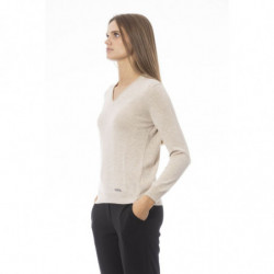 Elegante maglione beige con scollo a V e dettaglio monogramma - S