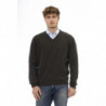 Elegante maglione da uomo in lana verde con scollo a V - L
