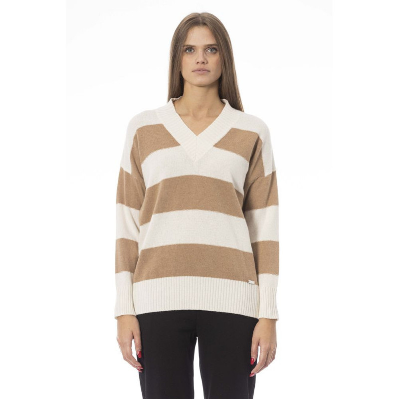 Elegante maglione beige con scollo a V - L