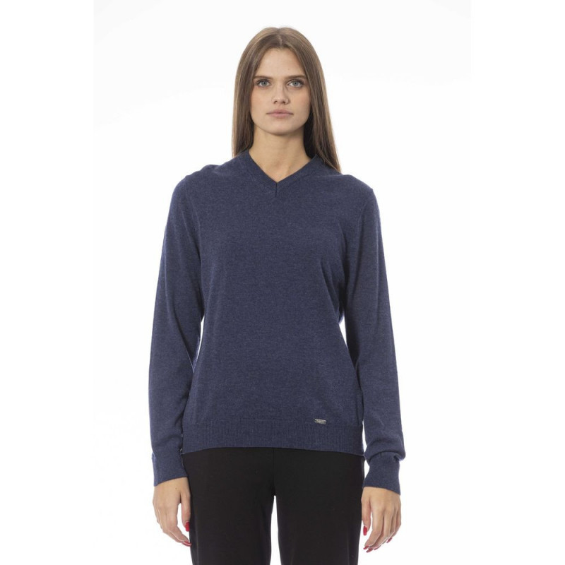 Elegante maglione blu con scollo a V e dettaglio a coste - L
