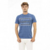 T-shirt elegante in cotone blu a maniche corte - L