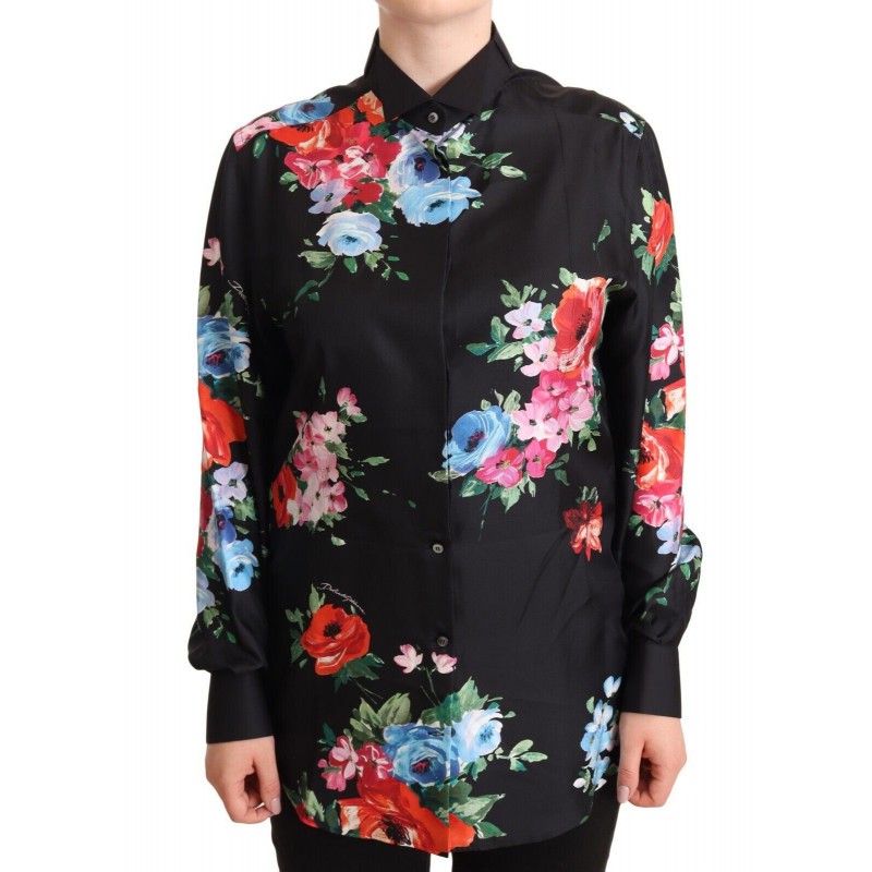 Top in polo con colletto con stampa floreale nera - IT42-M