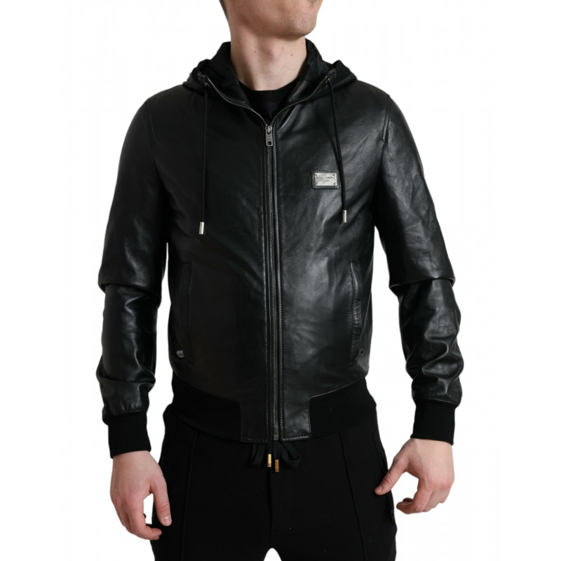 Giacca in pelle nera con cappuccio e zip intera con logo - IT48 - M