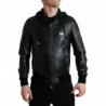 Giacca in pelle nera con cappuccio e zip intera con logo - IT48 - M