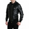Giacca in pelle nera con cappuccio e zip intera con logo - IT48 - M