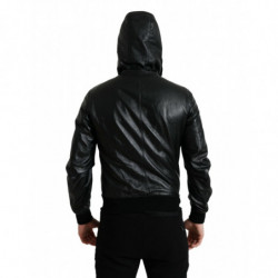 Giacca in pelle nera con cappuccio e zip intera con logo - IT48 - M