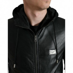 Giacca in pelle nera con cappuccio e zip intera con logo - IT48 - M