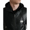 Giacca in pelle nera con cappuccio e zip intera con logo - IT48 - M