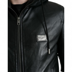 Giacca in pelle nera con cappuccio e zip intera con logo - IT48 - M